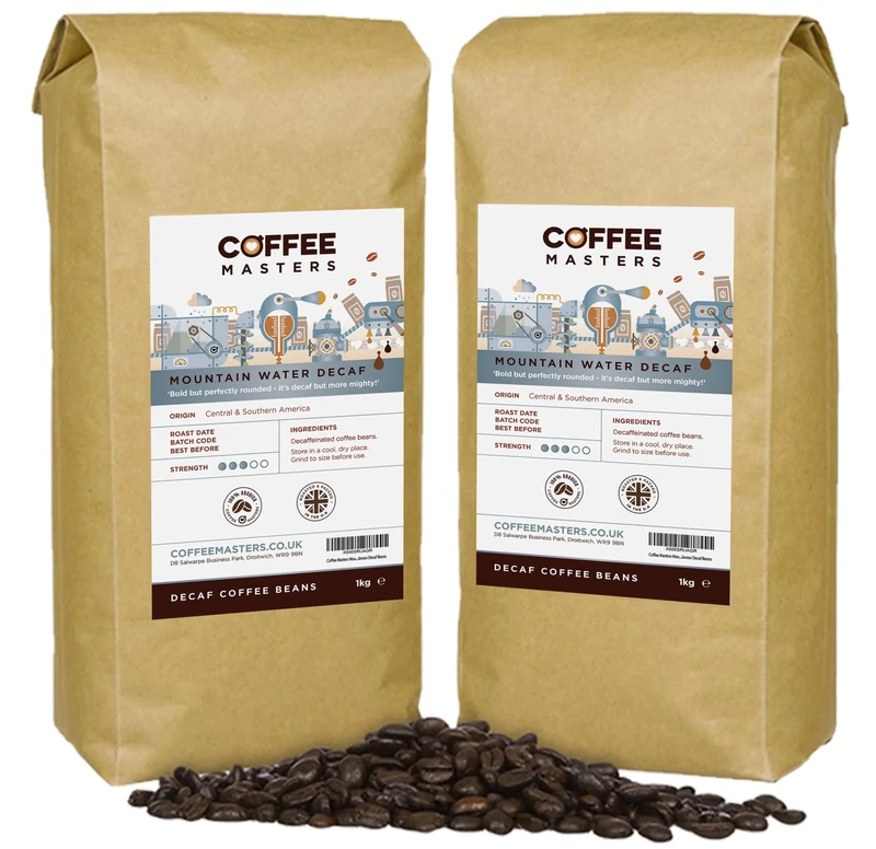 Coffee Masters Mountain Water Decaf Coffee Beans 2 x 1kg – 100% Arabica, Roasted Whole Bean, Ideal for Espresso Machines - Decaffeinated, Bold, and Strong Flavour