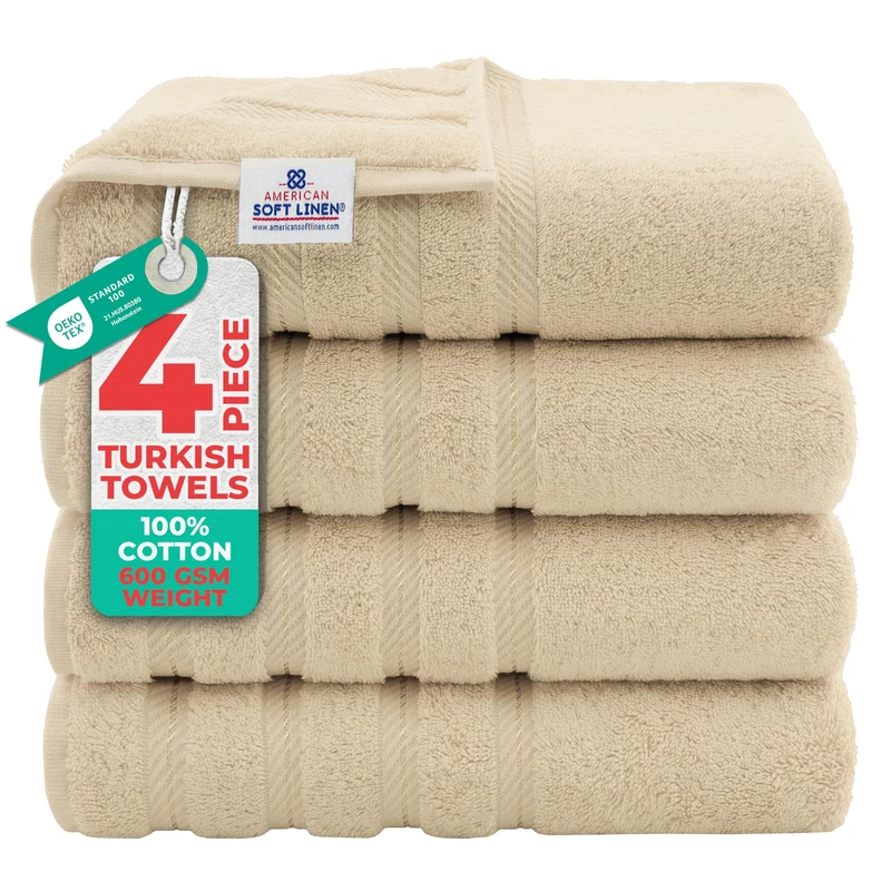 American Soft Linen Luxury 4 Piece Bath Towel Set, 100% Cotton Turkish Bath Towels for Bathroom, 27x54 in Extra Large Bathroom Shower Towels, Beige Bath Towels
