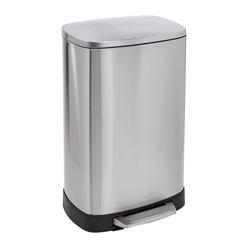 Amazon Basics Rectangular Soft-Close Rubbish Bin with High Base, 50 litre, Silver