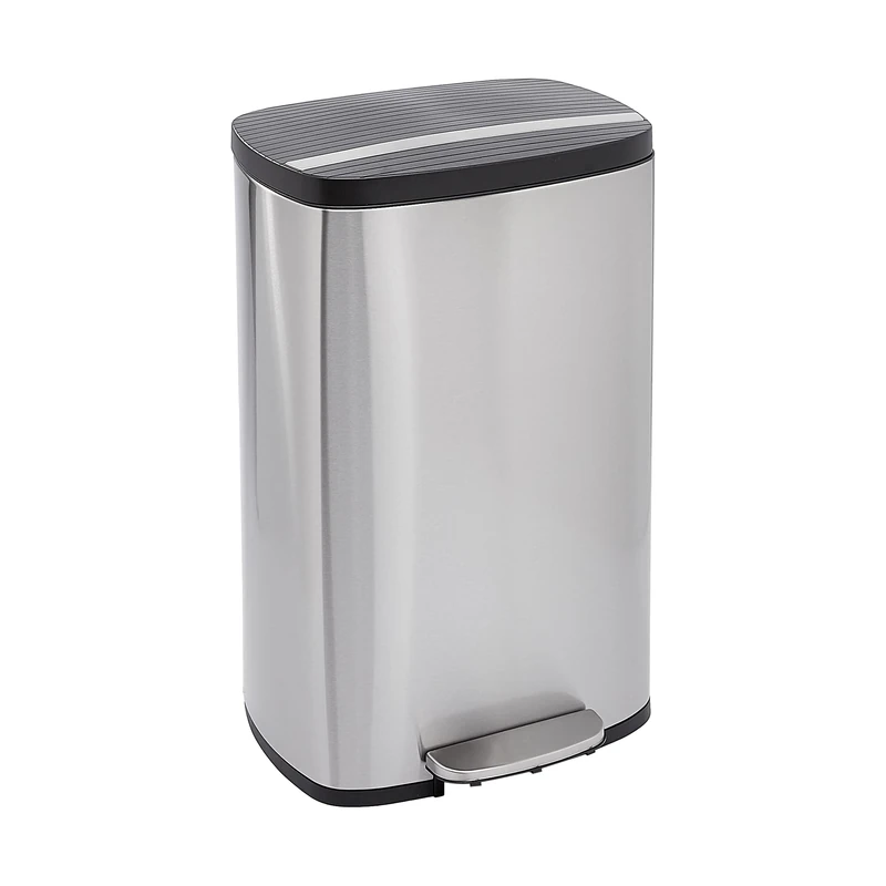 Amazon Basics Rectangular Soft-Close Rubbish Bin with Plastic Lid, 50 Litres, Satin Nickel