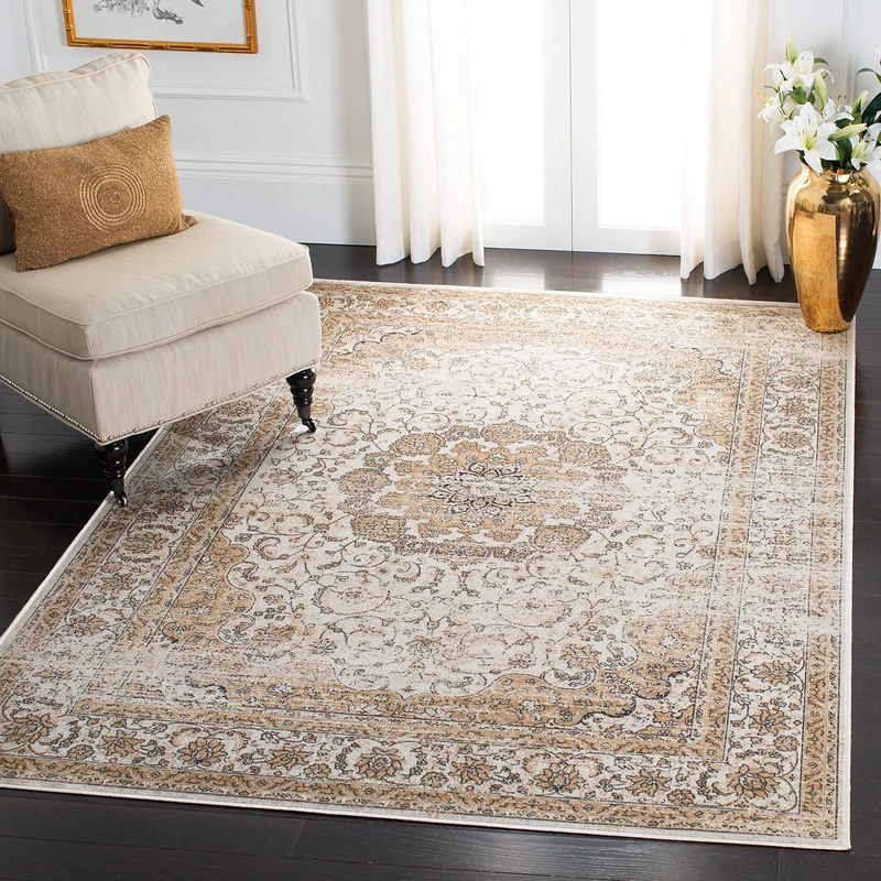 Safavieh Vintage Medallion Rug for Living Room, Dining Room, Bedroom - Atlas Collection, Short Pile, in Ivory and Beige, 183 X 274 cm