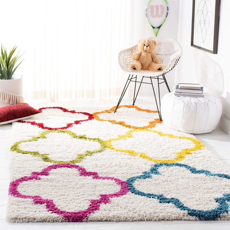 Safavieh Shaggy Indoor Woven Rectangle Area Rug, Kids Shag Collection, SGK563, in Ivory/Multi, 183 x 274 cm for Living Room, Bedroom or Any Indoor Space
