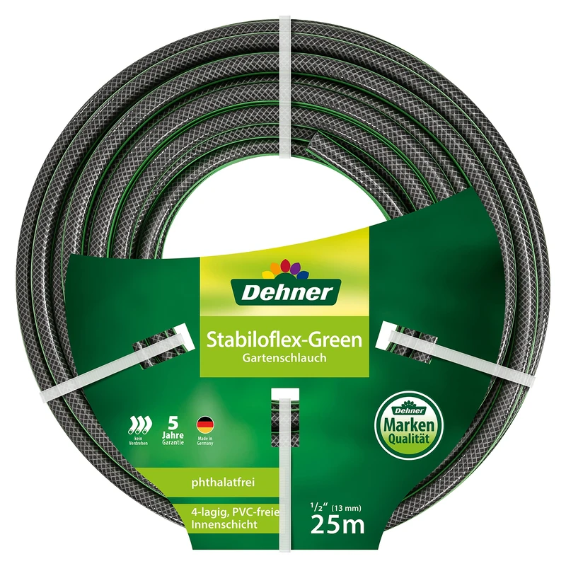 Dehner Stabiloflex Garden Hose, Diameter 13 mm, Length 25 m, 1/2 Inch, Plastic, Green
