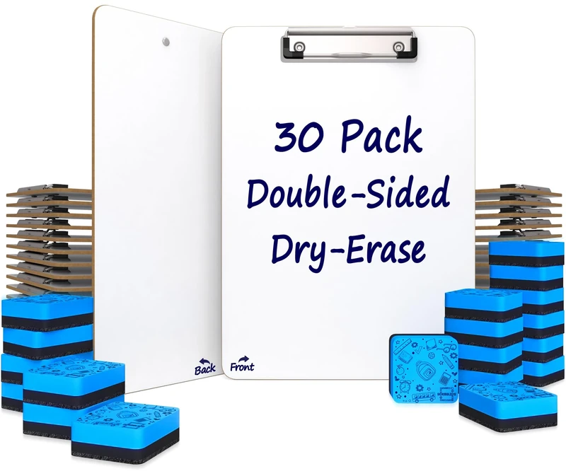 Dry Erase Clipboards Pack of 30, Durable Double-Sided 9"x12" White Clipboard with 30 Dry Erase Erasers, Dry Erase Clipboard with Low Profile Clip for School, Classroom and Home Use