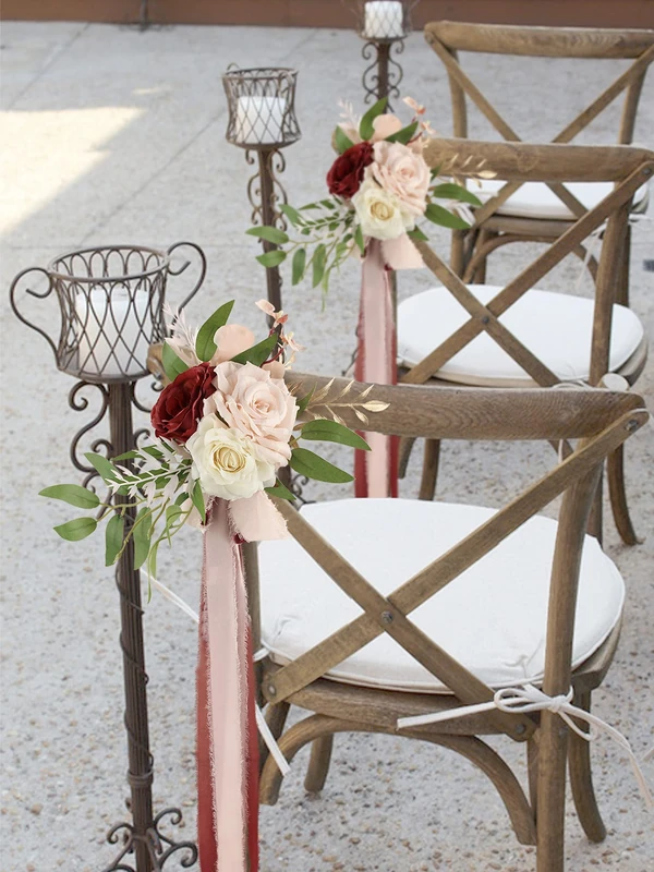 Rinlong 6Pcs Wedding Aisle Decorations Church Bench Chair Burgundy Flowers for Wedding Ceremony Decor, Aisle Flowers*6, marsala red