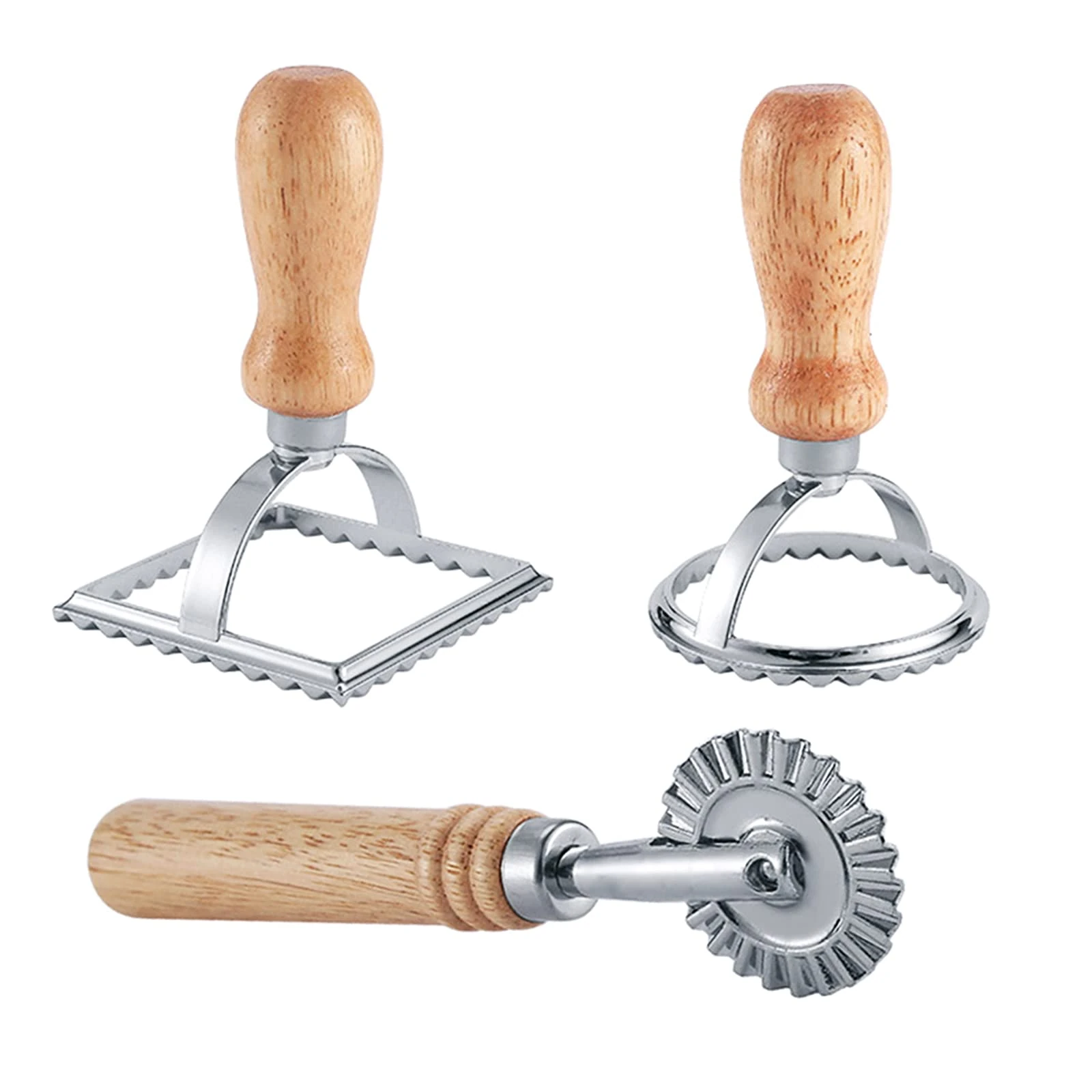 Ravioli Maker Stamp Cutter with Roller Wheel Set, Pasta Maker Mold with Wooden Handle and Fluted Edge, Ravioli Cutter and Press Stamp – for Pasta, Dumplings Lasagna, Pierogi (3 Set with Cutter)