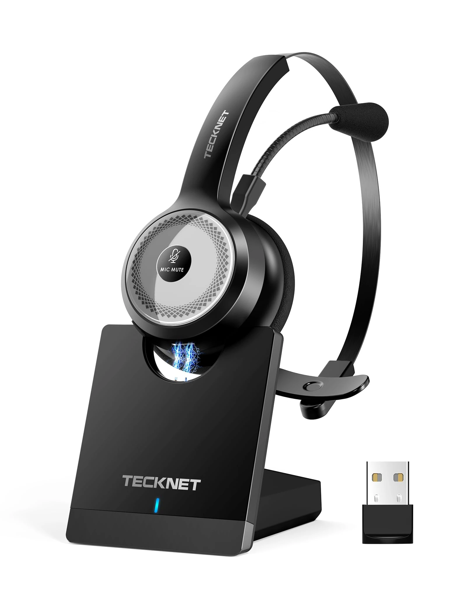 TECKNET Bluetooth Headset, Wireless Headset With Microphone Noise Cancelling & USB Dongle, Bluetooth Headphones with Charging Dock & Mute Button for Computer, Work, Phones, Office, Call Center