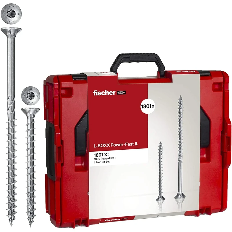 fischer 560783 PowerFast II L-Boxx, 1800 x PowerFast II screws in various sizes with full and partial thread, chipboard screw for quick and flexible processing, incl. bit set