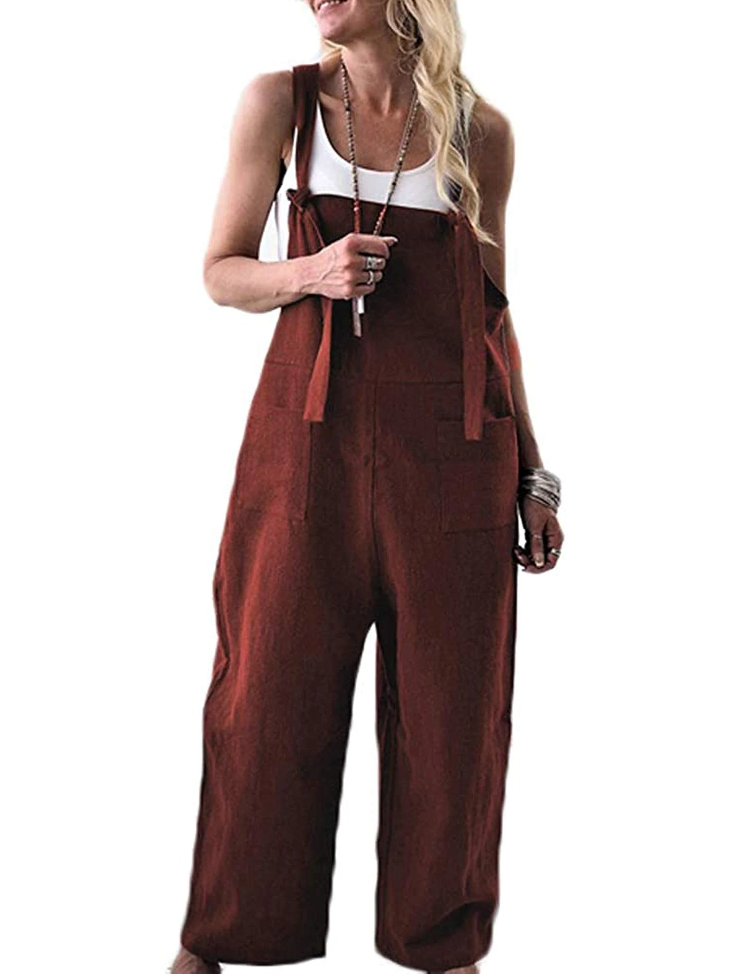 YILEEGOO Cotton Linen Dungarees for Women, Ladies Casual Overalls Baggy Wide Leg Pants Jumpsuit Playsuit (Brown, Small)