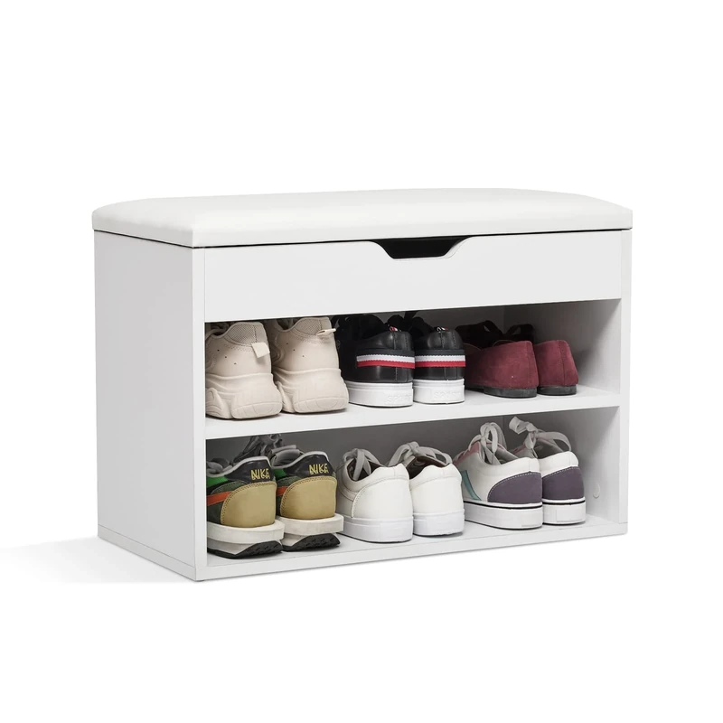 Mondeer Shoe Storage Bench, Shoe Cabinet with Storage Seat, 60 x 30 x 43 cm Wooden White Small Unit for 8 Pairs Shoes