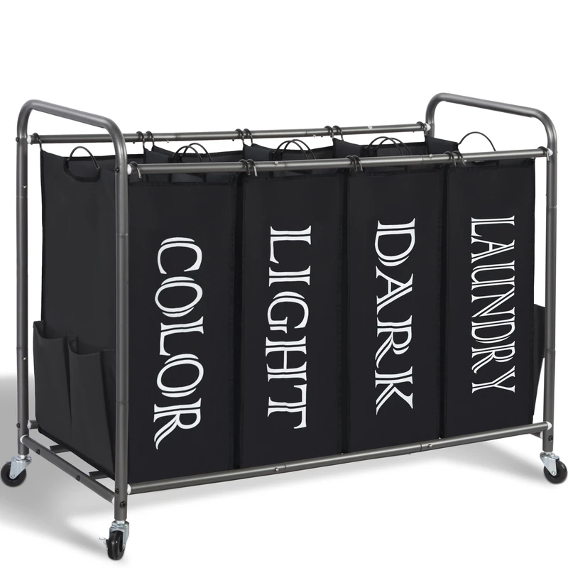 STORAGE MANIAC Laundry Sorter, Laundry Divider with Side Pockets, Multi Laundry Separator Hamper with Removable Bags and Rolling Lockable Wheels, Laundry Organizer Hamper, 4 Section Black