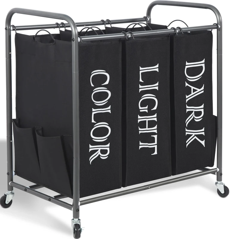 STORAGE MANIAC 3 Section Laundry Sorter, 3 Bag Laundry Hamper Cart with Heavy Duty Rolling Lockable Wheels and Removable Bags, Black