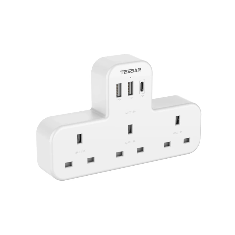 Plug Adapter, TESSAN Plug Extension Socket with 3 USB, 3 Way UK Multi Outlets Extender, Wall Charger for School Home, Kitchen, Office, School Supplies