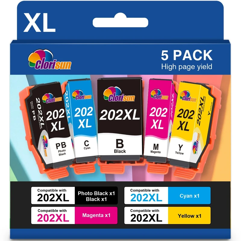 Clorisun 202XL Ink Cartridges for Epson 202XL 202 XL Ink Cartridges Multipack for Epson Expression premium XP-6100 XP-6105 XP-6005 XP-6000 XP-6001 XP6105 XP6100 XP6005 XP6000 XP6001 Printer(5 Pack)