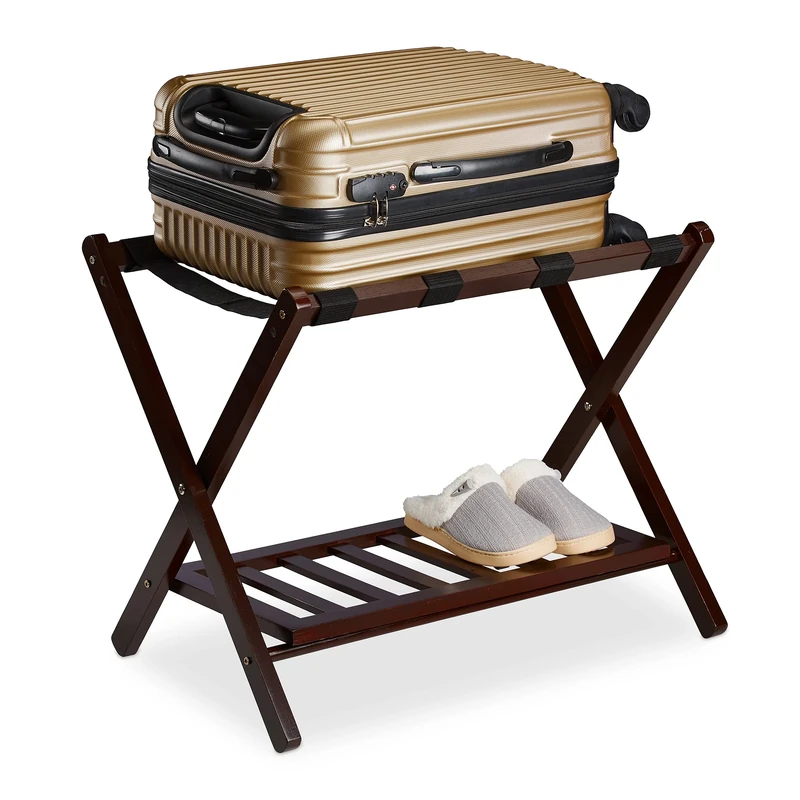 Relaxdays Wooden Luggage Stand, with 2 Racks, Foldable Suitcase Storage, for Travel, HxWxD: 54.5 x 66 x 44.5 cm, Brown, Polyester, 54,5 x 66 x 44,5 cm