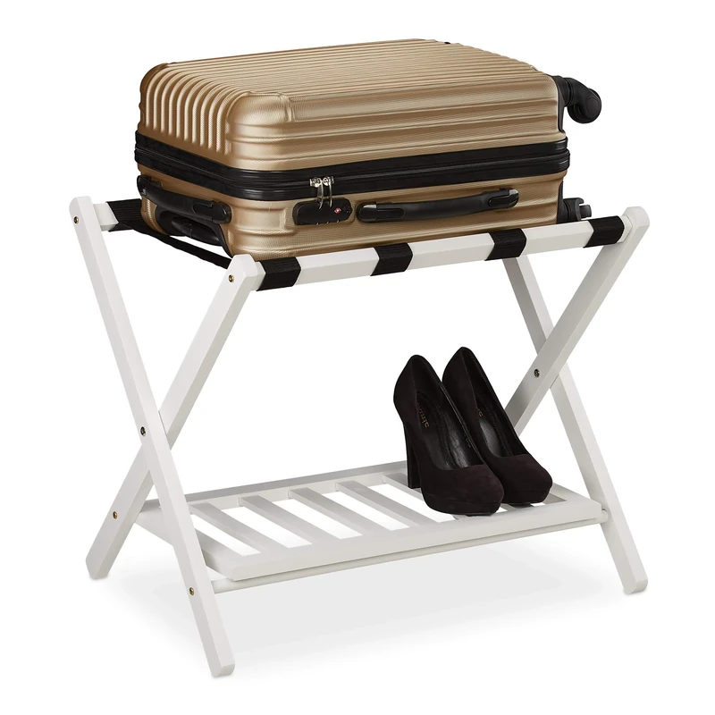 Relaxdays Wooden Luggage Stand, with 2 Racks, Foldable Suitcase Storage, for Travel, HxWxD: 54.5 x 66 x 44.5 cm, White