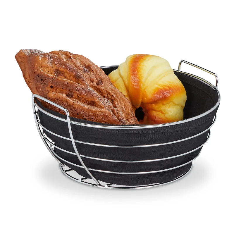 Relaxdays metal bread basket with lining, round breakfast basket for bread rolls, 23 cm diameter, black
