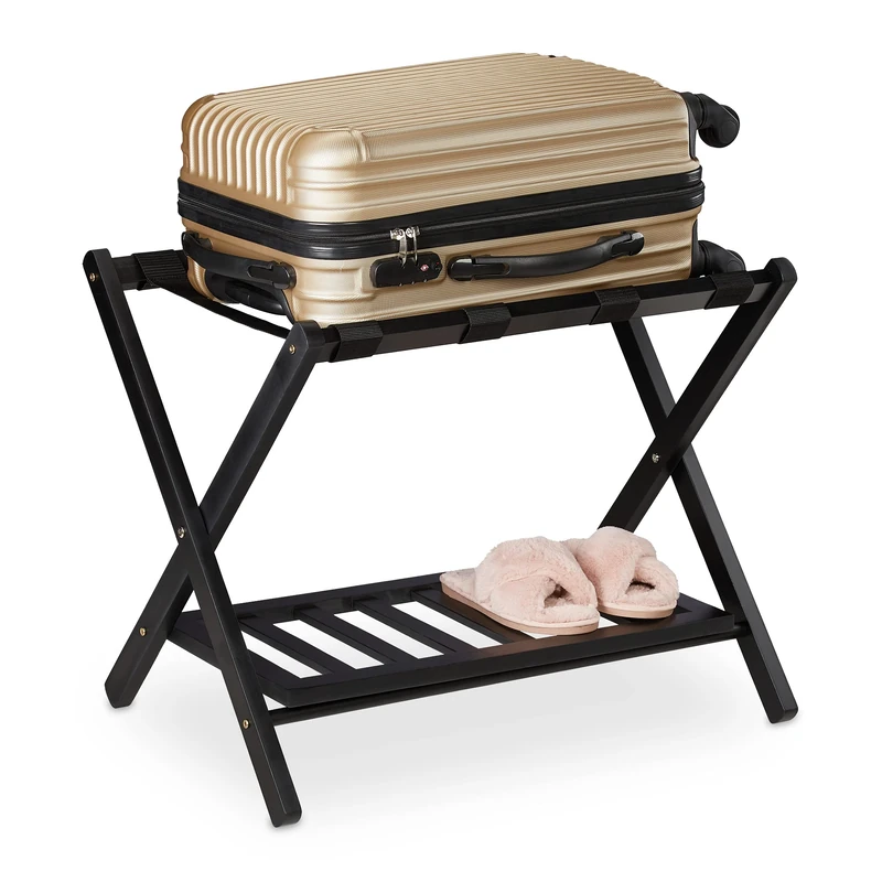 Relaxdays Wooden Luggage Stand, with 2 Racks, Foldable Suitcase Storage, for Travel, HxWxD: 54.5 x 66 x 44.5 cm, Black, Polyester