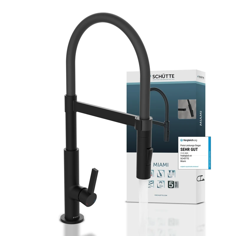 SCHÜTTE 79147 Miami Kitchen Tap 360° with Soft Touch Hose, Single Lever Mixer Tap with Extendable Magnetic Dish Rinser Mixer Tap for The Sink, Kitchen Tap Black Matt
