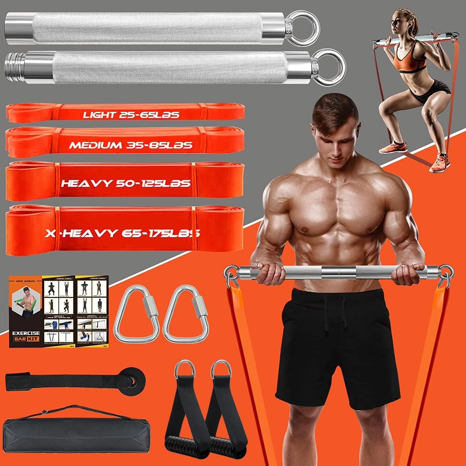 DASKING Resistance Bands Set with 75cm Detachable Exercise Bar, 4 Different Level Pull Up Bands - Fitness Workout Bars Kit for Strength Training, Pilates, Yoga - Home Gym Sports System Equipment