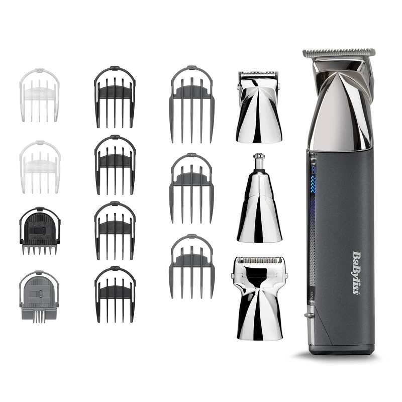 BaByliss Super-X Metal Multi Trimmer - Professional 15-in-1 Grooming Kit with Japanese Steel Blades, Magnetic Heads, Digital Display, Waterproof Design, 5-Hour Cordless Runtime, Silver/Blue, 7200U