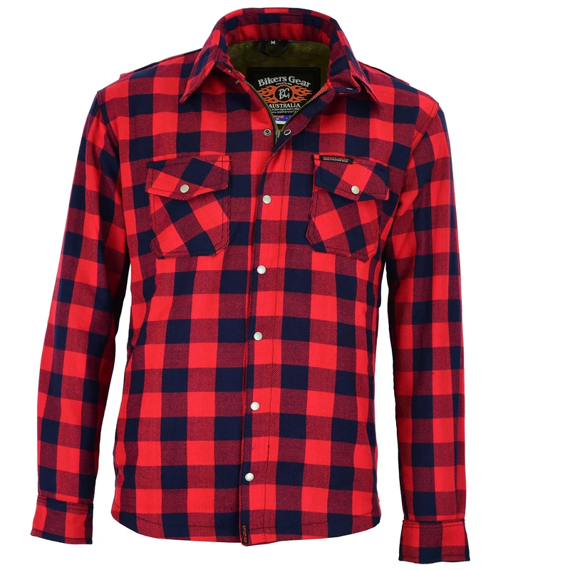 Bikers Gear Australia Premium Heavy Duty Red and Blue Kevlar Lined Protective Flannel Shirt with Removable CE Armour Medium