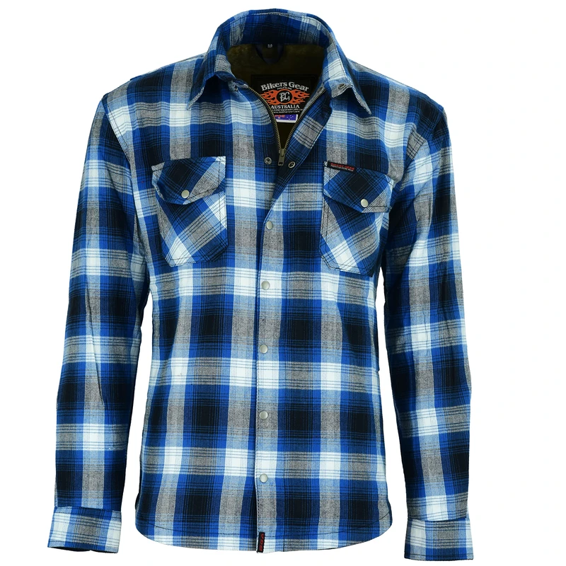 Bikers Gear Australia Premium Heavy Duty Blue White and Grey Kevlar Lined Protective Flannel Shirt with Removable CE Armour
