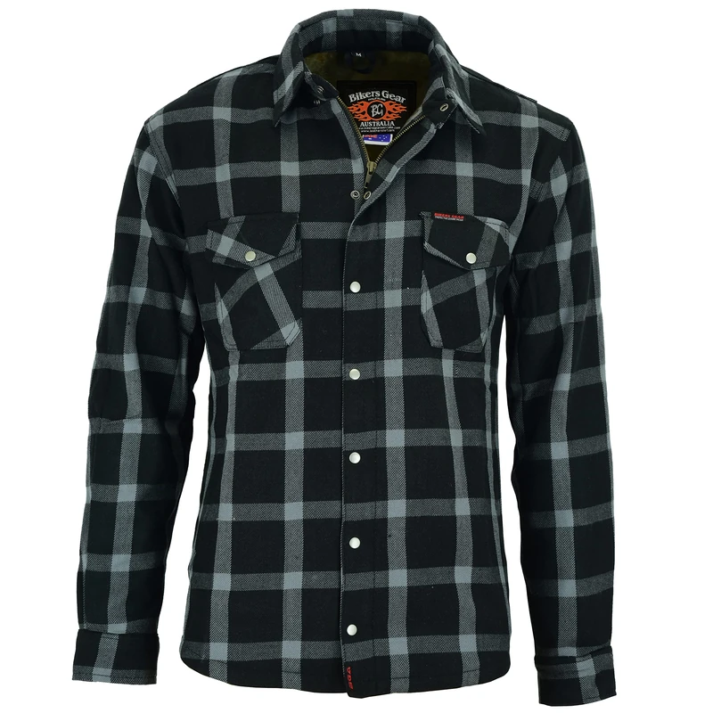 Bikers Gear Australia Premium Heavy Duty Black and Grey Kevlar Lined Protective Flannel Shirt with Removable CE Armour