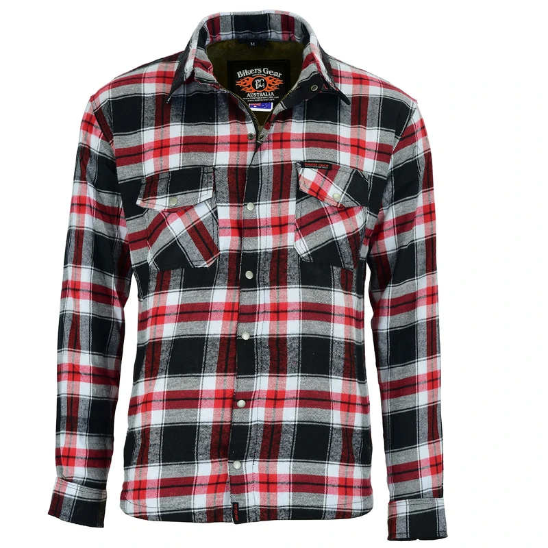 Bikers Gear Australia Premium Heavy Duty Red Black and White Kevlar Lined Protective Flannel Shirt with Removable CE Armour Small