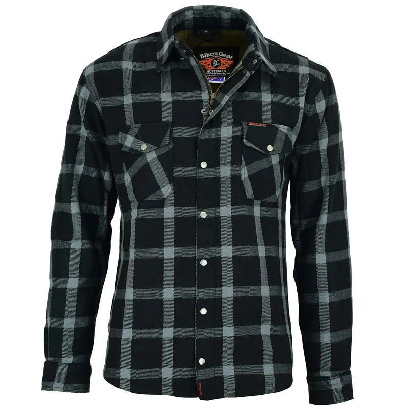 Bikers Gear Australia Premium Heavy Duty Black and Grey Kevlar Lined Protective Flannel Shirt with Removable CE Armour