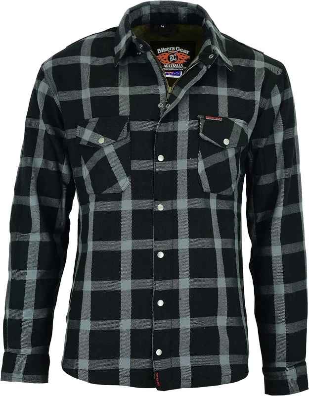 Bikers Gear Australia Premium Heavy Duty Black and Grey Kevlar Lined Protective Flannel Shirt with Removable CE Armour
