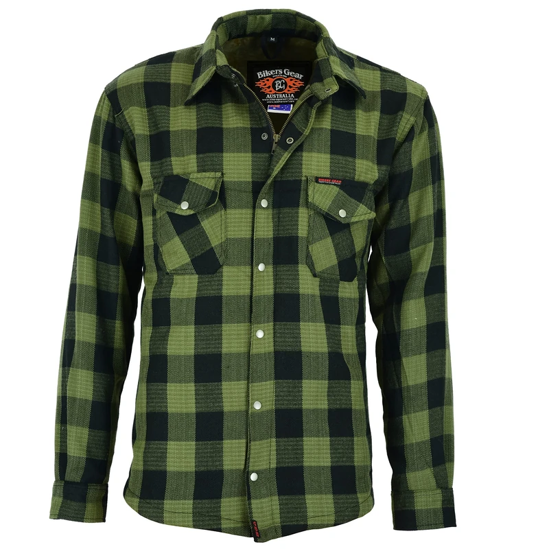 Bikers Gear Australia Premium Heavy Duty Army Green and Black Kevlar Lined Protective Flannel Shirt with Removable CE Armour