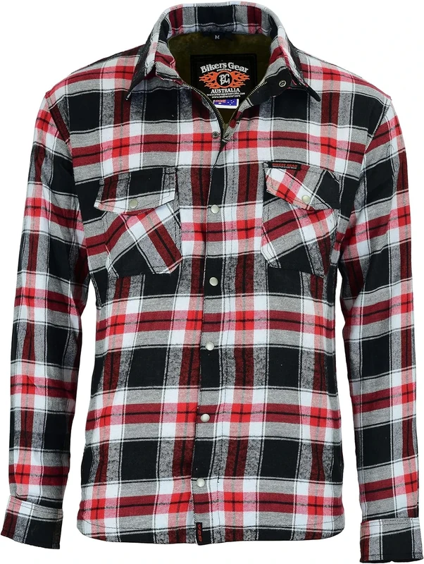 Bikers Gear Australia Premium Heavy Duty Red Black and White Kevlar Lined Protective Flannel Shirt with Removable CE Armour