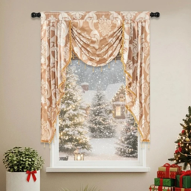 NAPEARL Beige Waterfall Valance for Living Room, Jacquard Kitchen Curtains Valances and Swags, Swag Curtains for Bedroom Windows, Decorative Curtain Toppers and Valances (41-Inch Wide, 1 Panel)