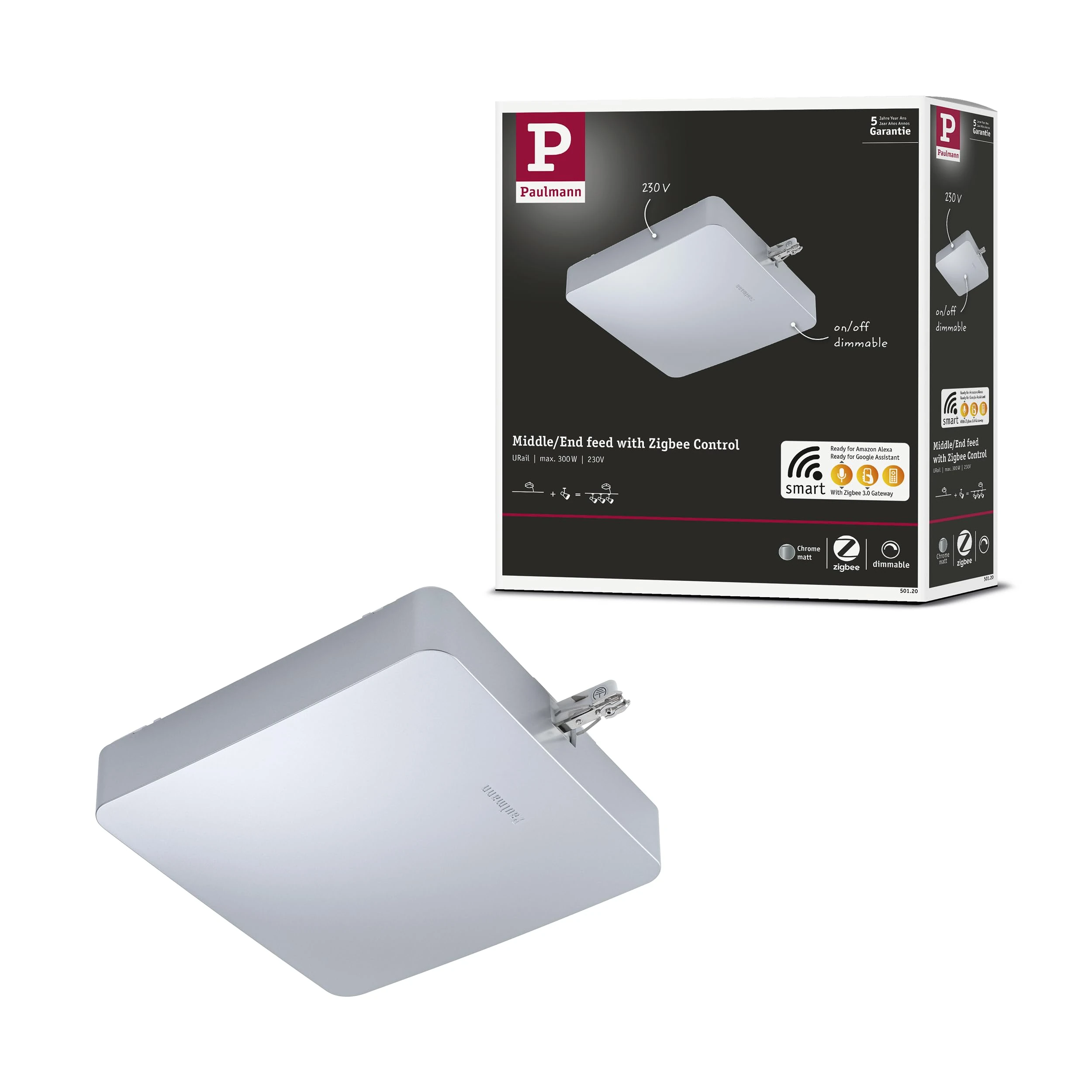 Paulmann 50120 Smart Home Zigbee 3.0 URail Middle Feed 227x196mm max. 300W Chrome matt Rail System