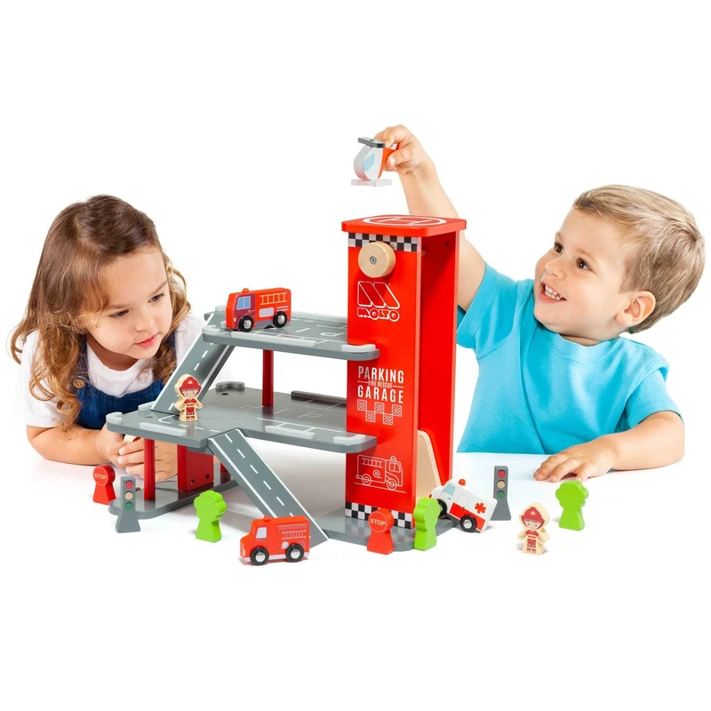 MOLTO | Grand Wooden Children's Parking with Lift, Heliport, Variety of Accessories and Figurines | Includes Trucks, Ambulance and Helicopter | Educational Toys for Boys and Girls | + 3 Years