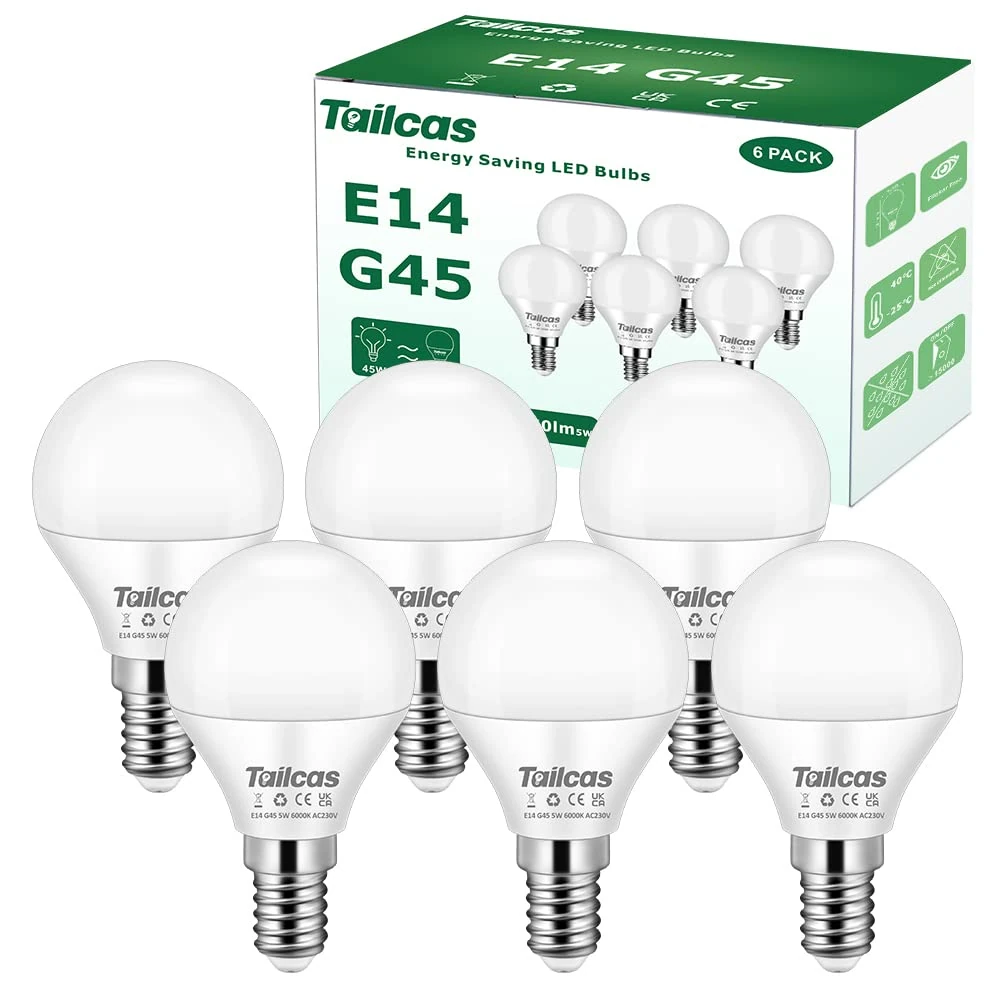 E14 Led Light Bulb, 5W 6000K Daylight/Cool White (40/45W Equivalent) Small Edison Screw (SES) Bulb, G45 Golf Ball led Light Bulb, 450lm CRI>80 No Flickering Non-dimmable, for Interior Lighting, 6-Pack