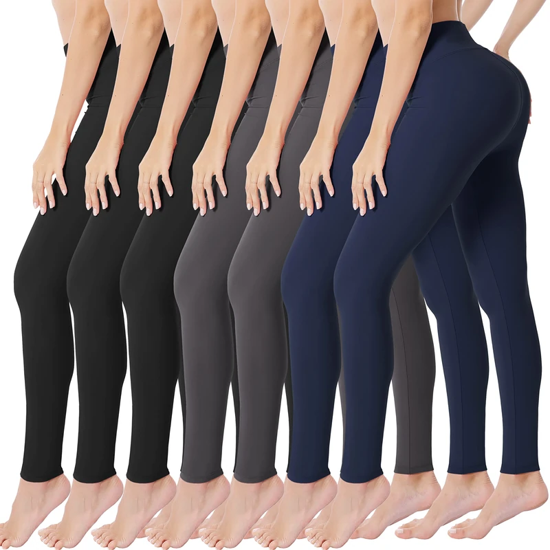 VALANDY High Waisted Leggings for Women Buttery Soft Stretchy Tummy Control Workout Yoga Running Pants One&Plus Size, 7 Packs-Black*3/Dark Gray*2/Navy*2, Large-X-Large