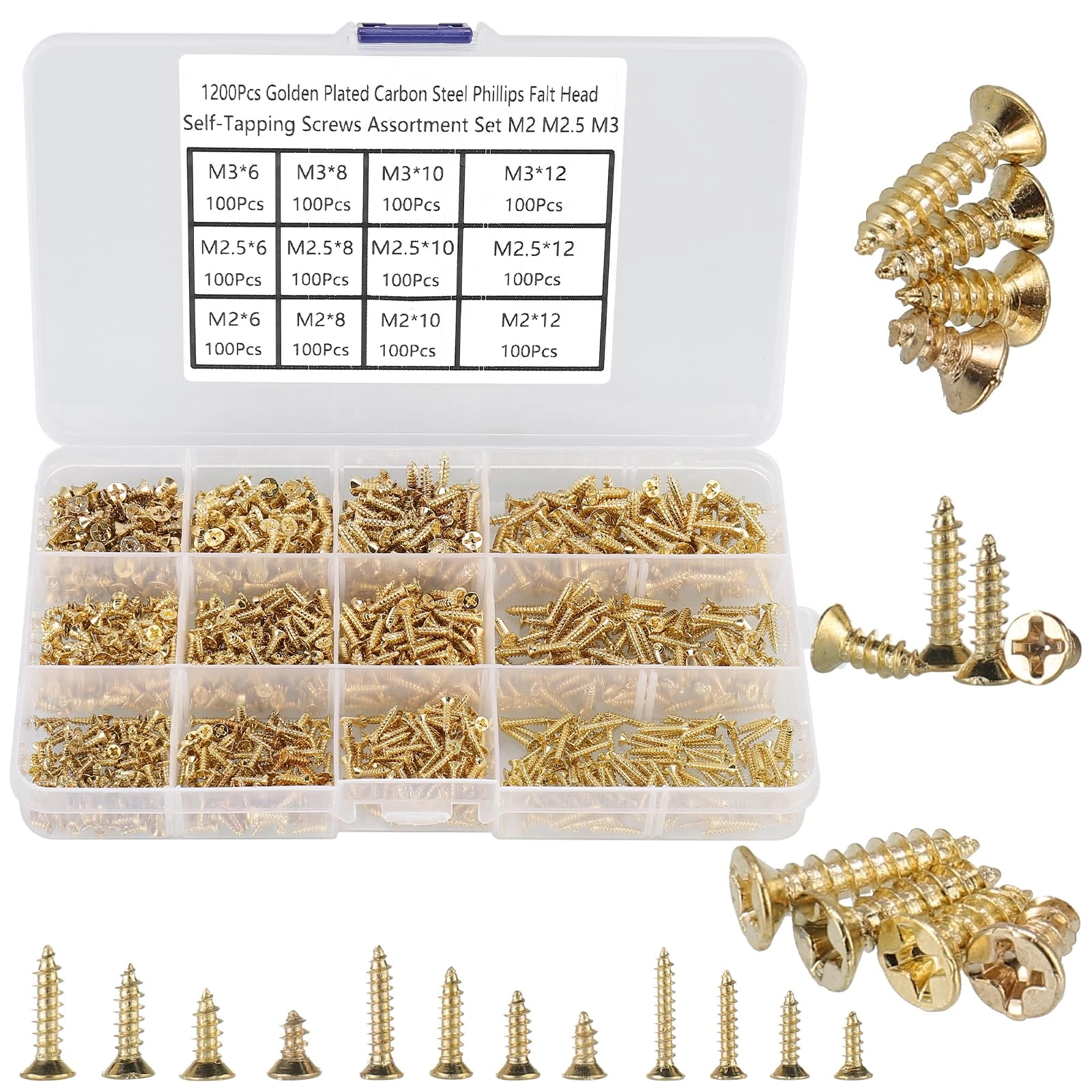 FandWay 1200Pcs Self Tapping Screws Kit,M2 M2.5 M3 Small Wood Screws Assortment,Countersunk Head Self Drilling Screw,Flat Head Sheet Metal Screw Phillips/Cross Drive for DIY Woodwork Repairs.