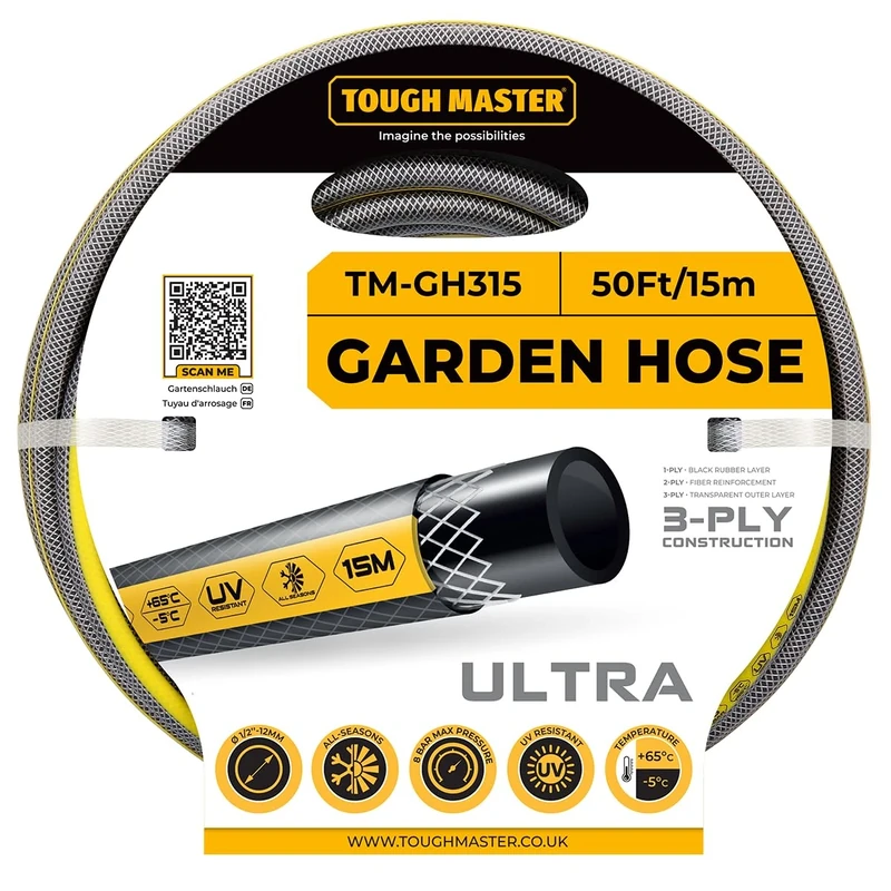 Garden Hose Heavy Duty Layer Flexible Reinforcement UV & Algae Resistant Hose Pipe for Garden, Pressure Washer, Garden Water Features TOUGH MASTER (50FT)