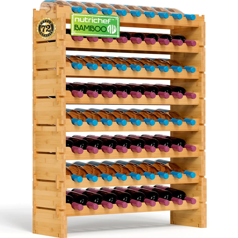Bamboo Wine Rack, Freestanding 8-Tier 72 Bottle Holder, Wooden Storage Shelves, Stackable Modular Wine Organizer, Display Shelf for Home & Kitchen