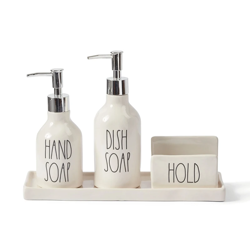 Rae Dunn Kitchen Sink Soap Dispenser Set, Hand & Dish Soap Dispenser with Sponge Holder & Tray, White Ceramic - Image 1