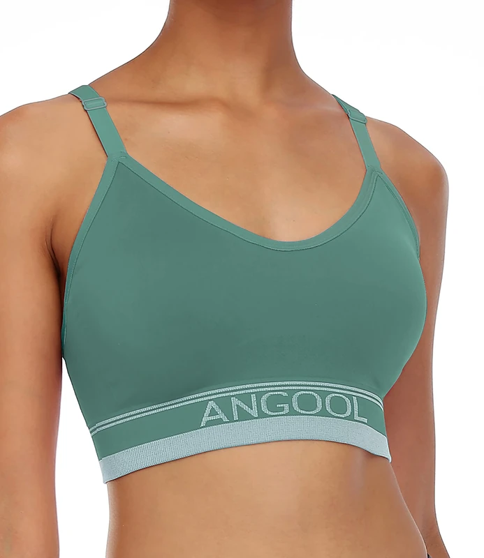 ANGOOL Women's Wireless Seamless Sports Bra, Padded Racerback Adjustable Straps Longline Yoga Gym Training Bra, Green, M