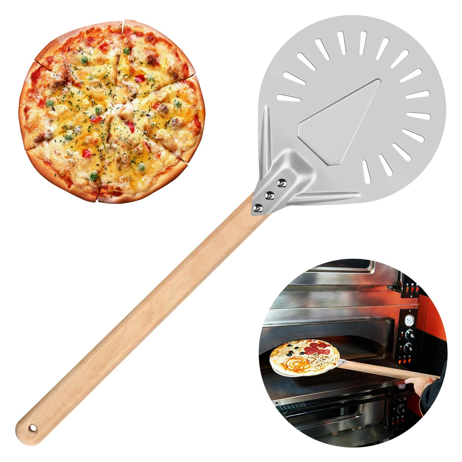 7" Pizza Turning Peel, Non-Stick Pizza Peel, Aluminum Pizza Paddle with Detachable Long Wooden Handle,Professional Pizza Shovel Spatula Pans Pizza Stone Oven Gril for Homemade Pizzas, Baking