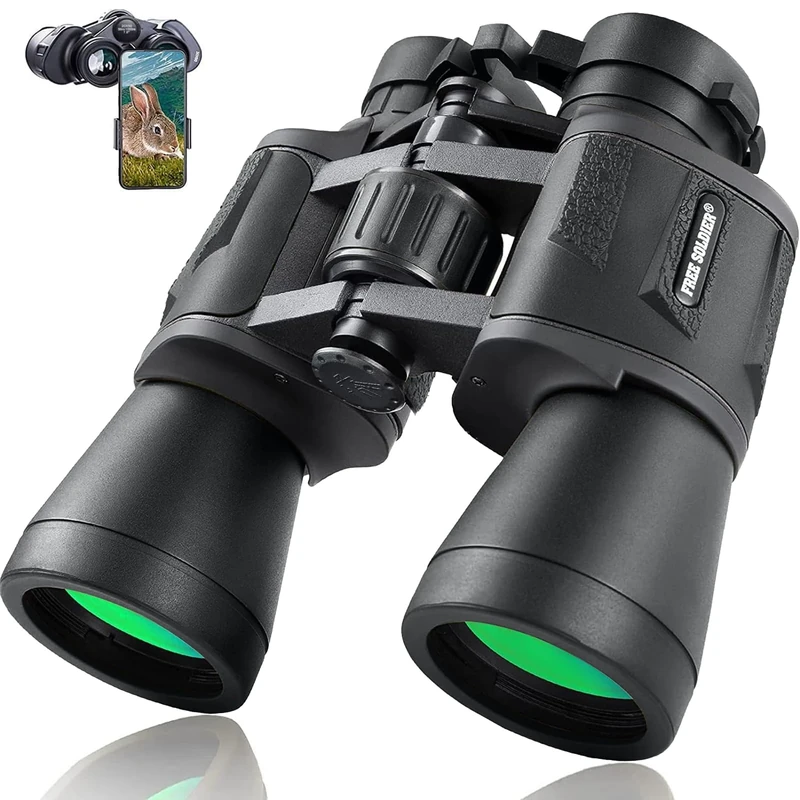 FREE SOLDIER 20x50 binoculars - adult binoculars with night vision in low light, BAK4 Prism FMC lens Compact binoculars with smartphone adapter for hiking bird watching hunting, black