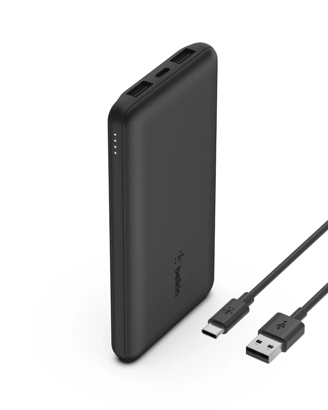 Belkin 10000mAh portable power bank, 10K USB-C portable charger with 1 USB-C port and 2 USB-A ports, battery pack for up to 15W charging for iPhone, Samsung Galaxy, AirPods, iPad, and more - Black