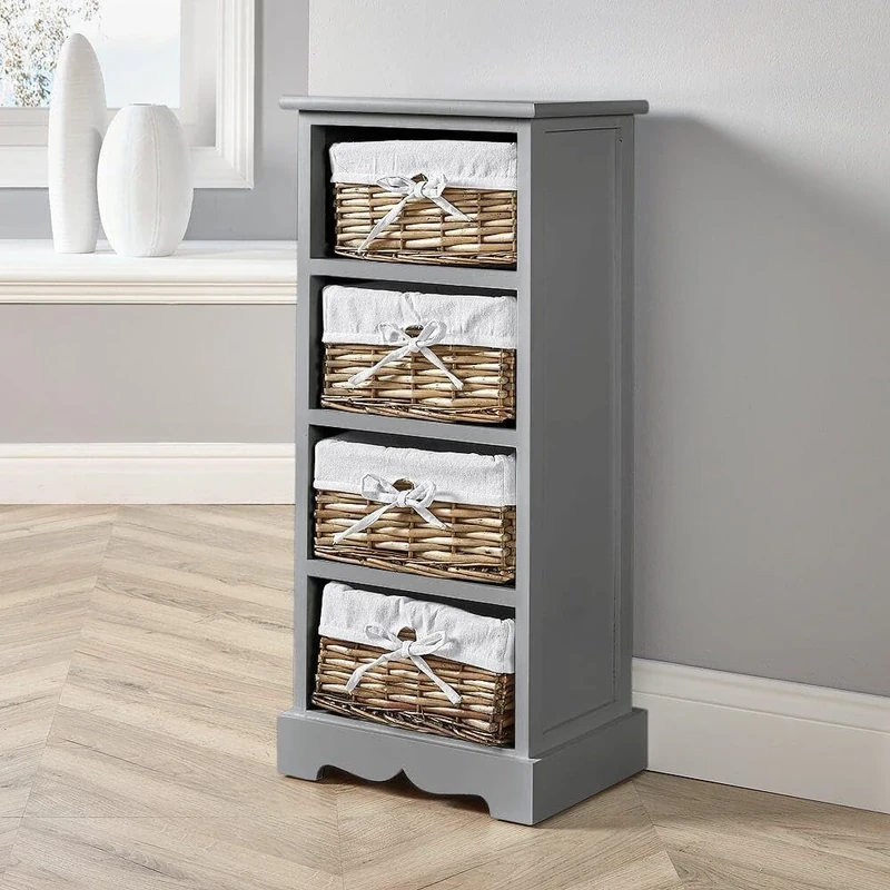 Home Source Bedroom Wooden Storage Unit, Woven Willow Wicker Baskets, 4 Drawer Cabinet Chest, Grey