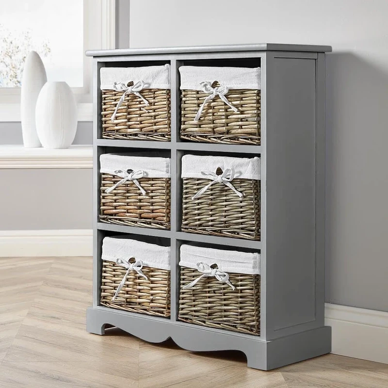 Home Source Bedroom Wooden Storage Unit, Woven Willow Wicker Baskets, 6 Drawer Wide Cabinet Chest, Grey