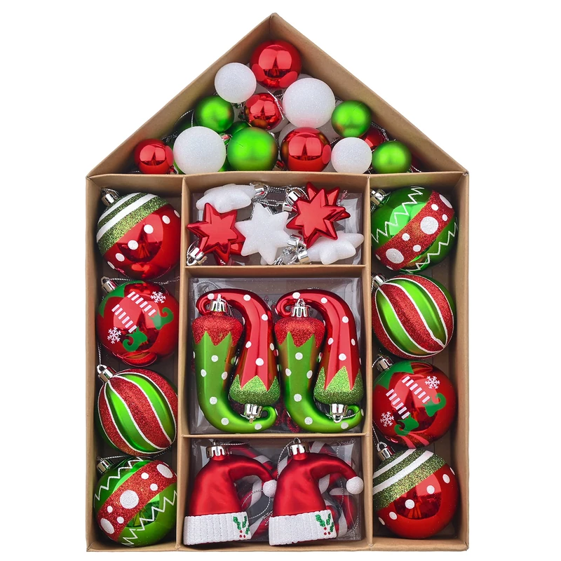 Valery Madelyn Christmas Ornaments Set, 70ct Elf Red Green White Shatterproof Christmas Tree Decorations Ball Ornaments Bulk, Decorative Hanging Ornaments for Xmas Trees Holiday Party Decor
