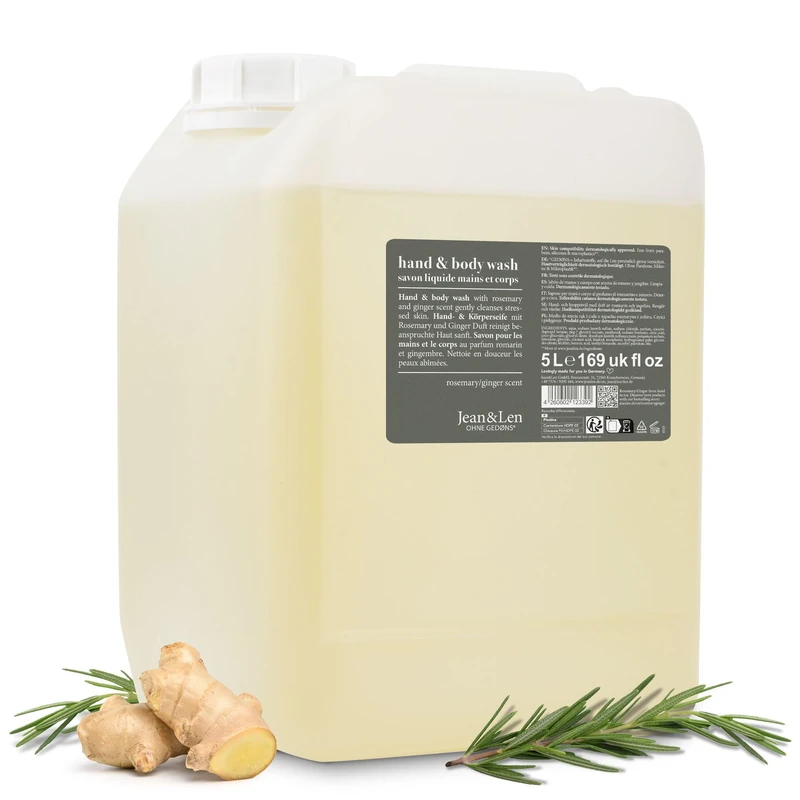 Jean & Len Hand & Body Wash Rosemary and Ginger in a canister, cleanses and cares for the skin, spicy-fresh fragrance, liquid soap in a refill canister, without silicones & parabens, 5L